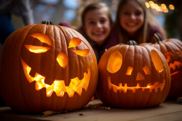 Fototapeta premium Pumpkin carving activity on Halloween the girl family in the background.