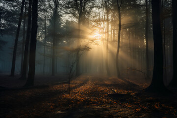 Landscape mysterious spooky misty that cover all around forest with sun behind on morning, halloween festival background. - obrazy, fototapety, plakaty