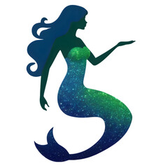 A close-up of a colorful glitter silhouette mermaid on a white background. AI-Generated.


