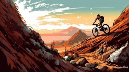 With sheer determination, the mountain biker descends from a rocky perch and lands skillfully on a narrow path, the rocky landscape enhancing the thrill of the jump