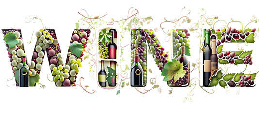 Wine lettering text illustration with bunches of grapes, vine leaves, wine bottles, on white background.