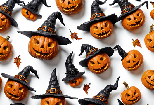 halloween Carved pumpkins and witch hat set on white background
