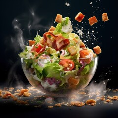 Salad with ingredients and food pieces floating in the air