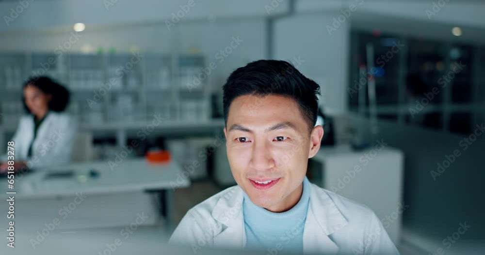 Poster scientist, man and computer for laboratory research, data analysis and reading medical results or te