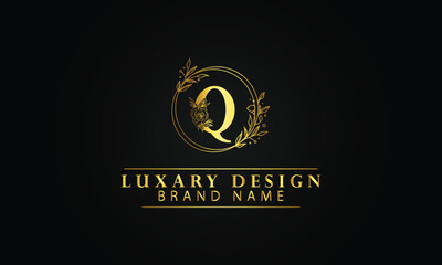 Letter Q  luxury circle flourish shape logo design template with black background
