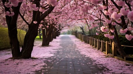 a peaceful, cherry blossom-lined path in a Japanese garden, where pink petals carpet the ground in...