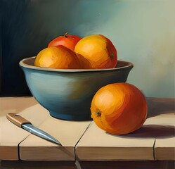 A realistic still life painting of a bowl of oranges and a knife on a table. The bowl is a blue-grey color and is filled with oranges. The oranges are varying shades of orange and yellow, with some ha