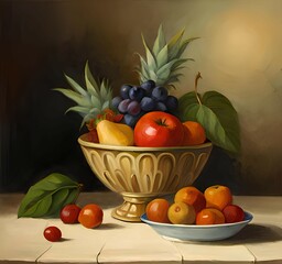  A still-life painting of a fruit bowl and a smaller bowl of peaches on a wooden table. The fruit bowl is a large, ornate, cream-colored bowl with a pedestal base. It is filled with a variety of fruit