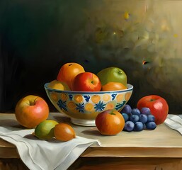 A still life of a fruit bowl on a white tablecloth with a dark green background. The fruit bowl is white with blue floral patterns and contains apples, oranges, and a pear.
