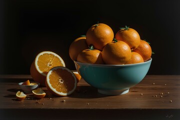 A photo-realistic image of a still life of oranges in a blue bowl on a wooden table. The oranges are whole and have green leaves attached to them. The bowl is a light blue color.