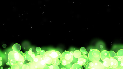 Circle bubles glow green random size with white stars on the black isolated