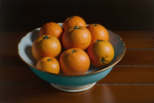 A photo realistic illustration of a blue and white bowl filled with oranges on a wooden surface. The bowl is white with a blue rim and gold accents. The oranges are round & have a bright orange color.