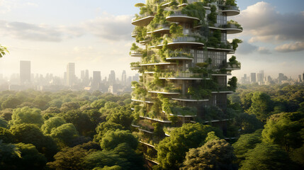 biophilic design: skyscrapper covered in greenery, futuristic