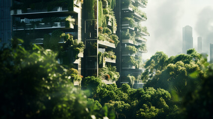 biophilic design: skyscrapper covered in greenery, futuristic