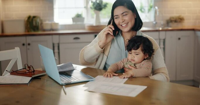 Mother, baby and phone call with laptop for remote work or multitasking in home or talking, working or balance. Female person, child care and juggling task in house, time management or responsibility