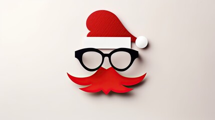 Christmas greeting card featuring a paper hipster Santa Claus beard, mustache, and Xmas hat against a backdrop in the modern paper cut style. Generative AI