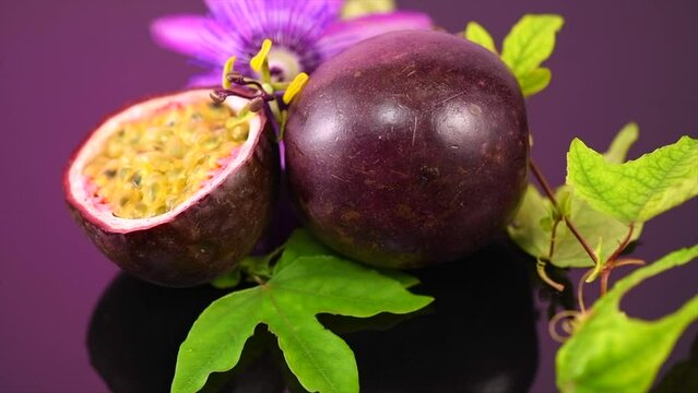 Passion fruit Maracuya with leaf and flower on purple background. Fresh organic passionfruit, Passiflora edulis, exotic fruits close up, on violet backdrop, rotating 