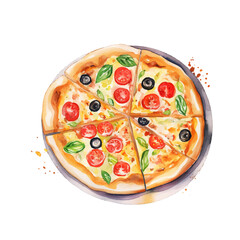 Hand drawn slice of pizza. Watercolor sketch isolated on white background. Vector illustration for food design.