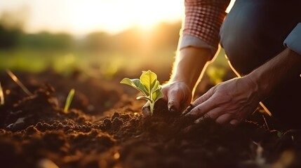 Male hands touching soil on the field. Expert hand of farmer checking soil health before growth a seed of vegetable or plant seedling. Business or ecology concept. - obrazy, fototapety, plakaty