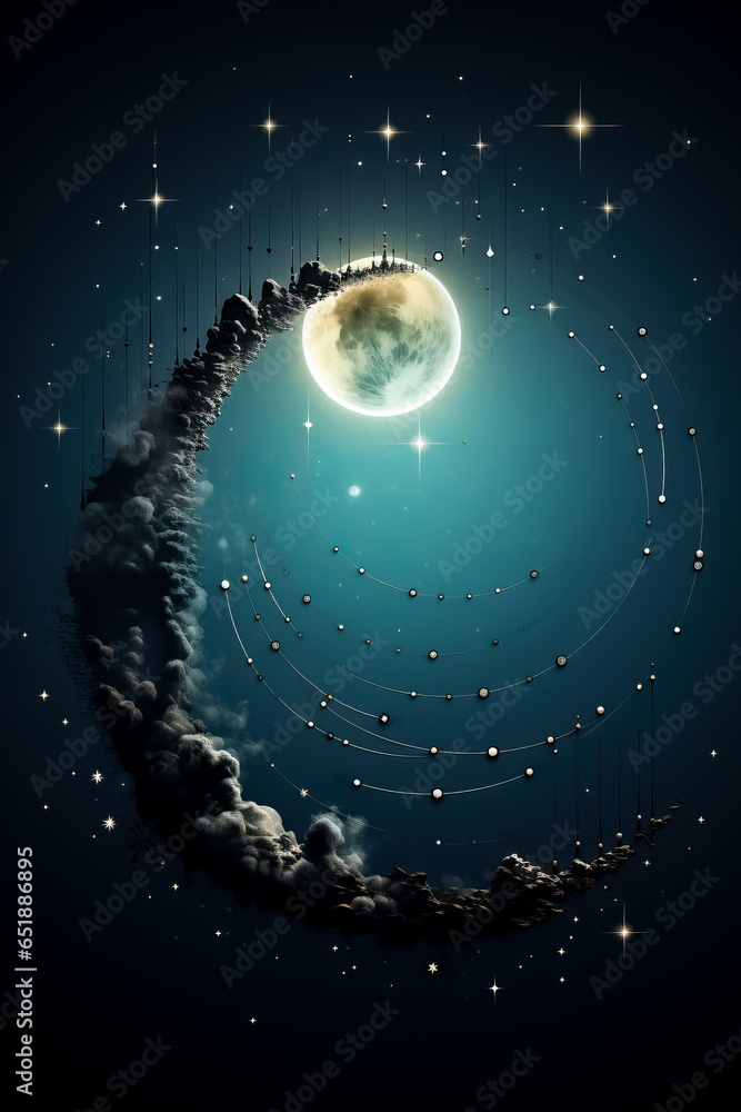 Aufkleber moon phase cycle diagram over starry sky background with empty space for text