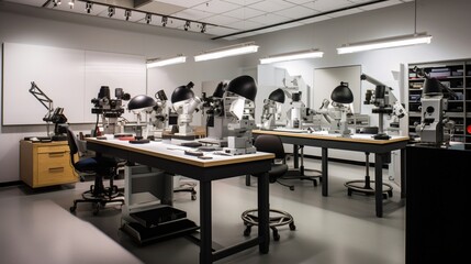 a precision optics testing lab, emphasizing the meticulous examination of optical instruments and components