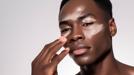 A young man with melanin skin cares for his complexion by applying a beauty serum to his face. - obrazy, fototapety, plakaty