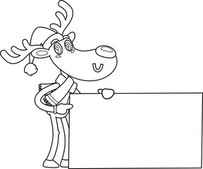 Outlined Funny Christmas Reindeer Cartoon Character Pointing To Blank Sign. Vector Hand Drawn Illustration Isolated On Transparent Background