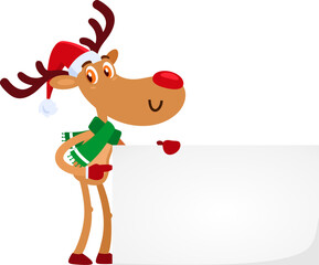 Funny Christmas Reindeer Cartoon Character Pointing To Blank Sign. Vector Illustration Flat Design Isolated On Transparent Background