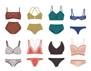Set of women sexy underwear. Collection of Cartoon feminine bra and panties, two-piece bikini swimsuit. Vector isolated flat illustration - obrazy, fototapety, plakaty