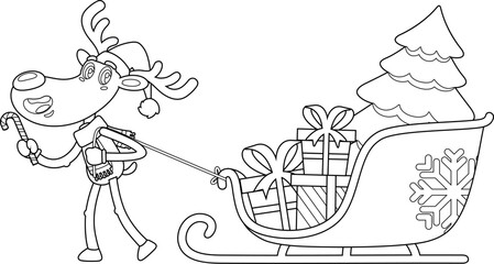 Outlined Funny Reindeer Cartoon Character Pulls A Sleigh With Gift Boxes And A Christmas Tree. Vector Hand Drawn Illustration Isolated On Transparent Background