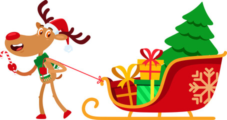 Funny Reindeer Cartoon Character Pulls A Sleigh With Gift Boxes And A Christmas Tree. Vector Illustration Flat Design Isolated On Transparent Background