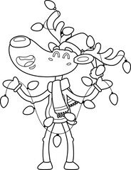 Outlined Happy Christmas Reindeer Cartoon Character With Christmas Lights. Vector Hand Drawn Illustration Isolated On Transparent Background