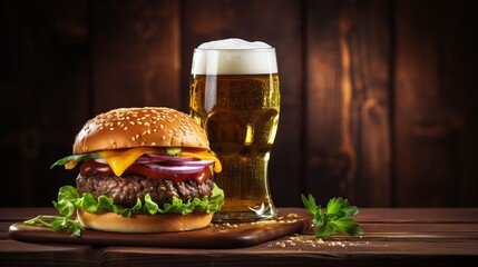 Glass of fresh beer with beef burger on the wooden table