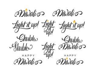 Set of handwritten Diwali lettering. Calligraphic text for Diwali holidays. Vector illustration.
