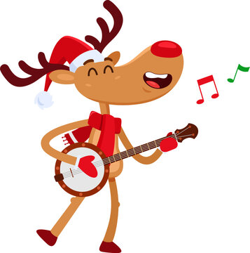 Cute Christmas Reindeer Cartoon Character Is Singing And Playing The Banjo. Vector Illustration Flat Design Isolated On Transparent Background