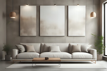 Modern cozy sofa and concrete wall in living room interior, modern elegant brown design, three mock up artworks decorative interior