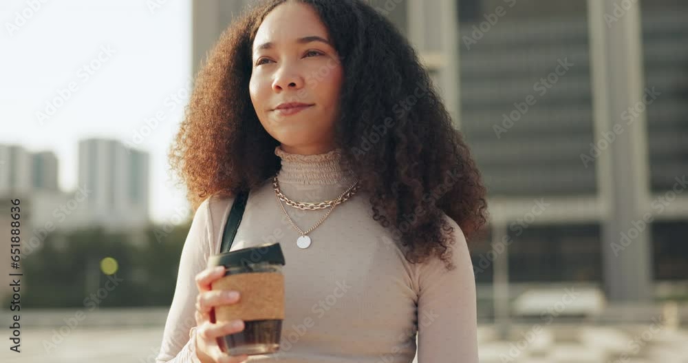 Sticker Woman, walking and coffee break in city to relax with calm, energy and peace in urban morning commute or travel. African, entrepreneur and drinking espresso, cappuccino or caffeine for work or job