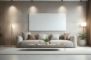 Modern cozy sofa and concrete wall in living room interior, modern elegant brown design, big horizontal mock up artworks decorative interior