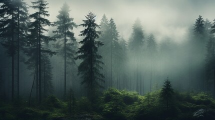 a serene, mist-covered forest, where the trees disappear into the ethereal mist, creating a...