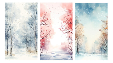 A set of vertical backgrounds and backdrops in the same style for the design of mobile phone presentations or instagram stories: autumn winter landscape trees without leaves in the park in watercolor