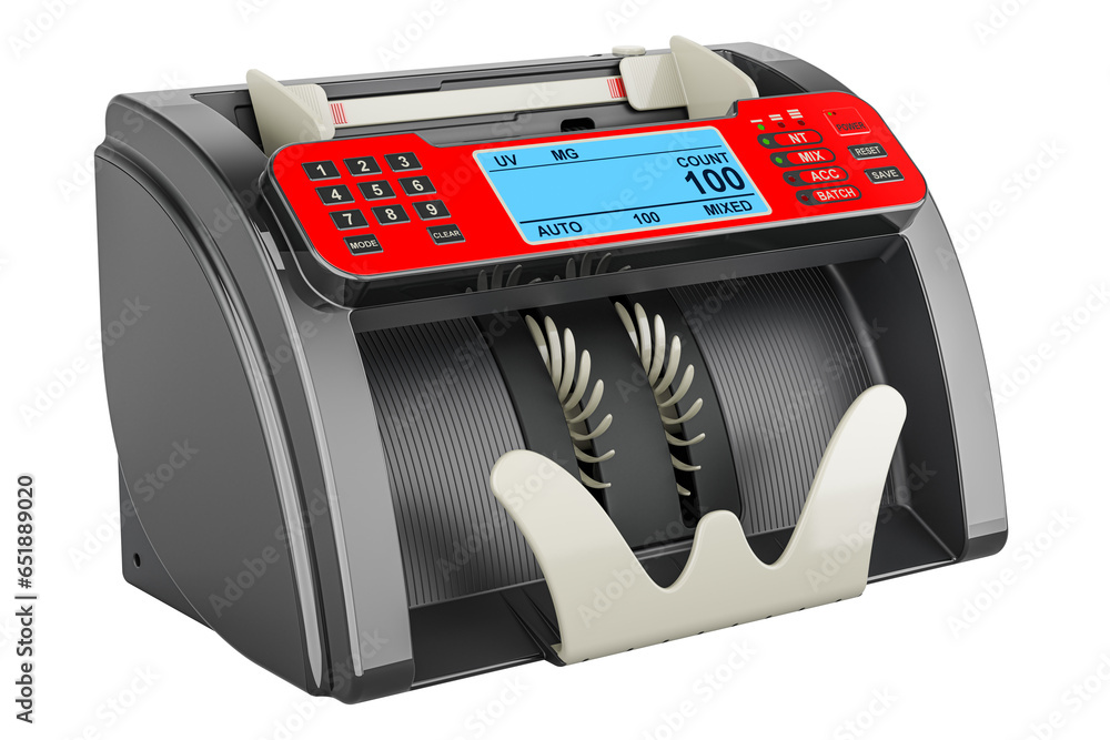 Poster money counting machine, currency counter, banknote counter. 3d rendering isolated on transparent bac