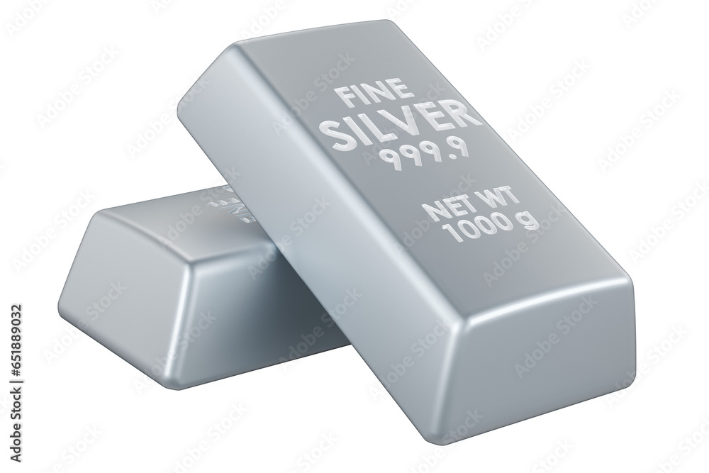 Fototapete silver bars, silver ingots. 3d rendering isolated on transparent background
