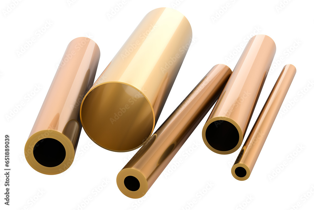 Aufkleber stack of different sizes round pipes from copper, bronze or brass. cold rolled metal. 3d rendering i