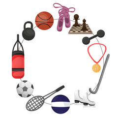 Sport equipment wreath illustration, graphic sport activities elements clipart