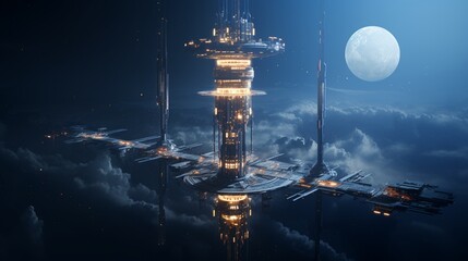 a space elevator connecting Earth to a space station, representing a futuristic approach to space travel and exploration - Powered by Adobe