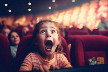 A kid exciting face in the movie theater or stage play. - obrazy, fototapety, plakaty