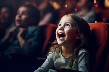 A kid exciting face in the movie theater or stage play.