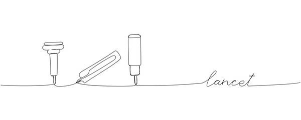 Blood lancets set, Blood Testing, medical supplies, equipment one line art. Continuous line drawing of medication, needle, healthcare, narcotic, healthy with inscription, lettering, handwritten.