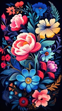 sketch of a floral ornament of bright flowers on a dark background in a rustic national traditional style