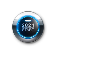 Blue illuminated start button year 2024 with white background - 3D illustration - 651890210